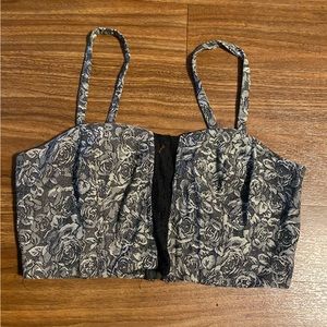 Floral Zipper Crop Top with Lace Panel